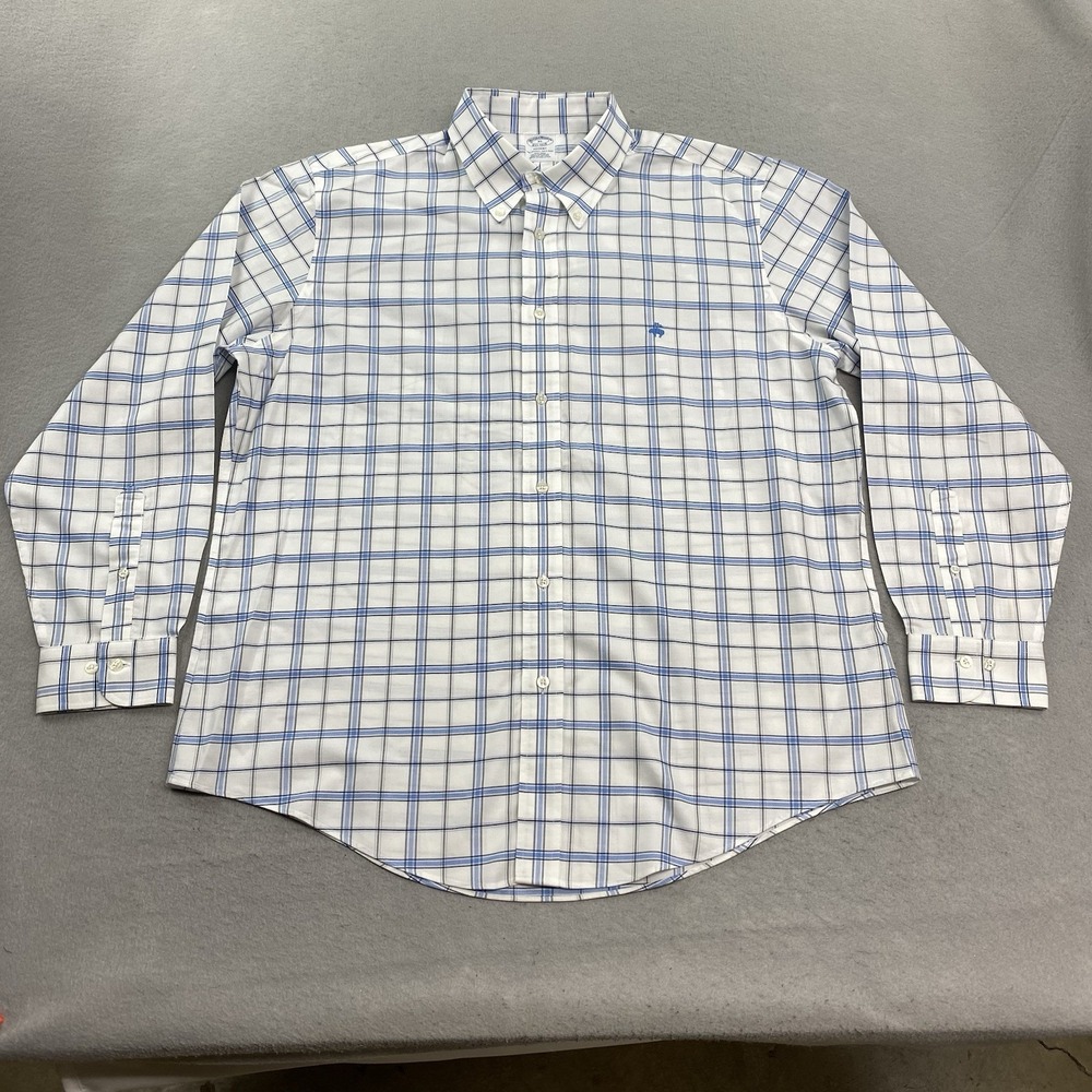 Brooks Brothers White Button-Down Shirt with Blue Plaid